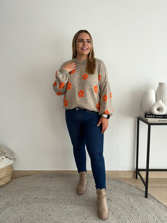 Pullover Flower - braun/orange